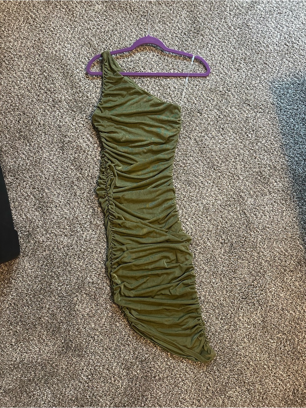 Ruched One-Shoulder Olive Green Bodycon Dress